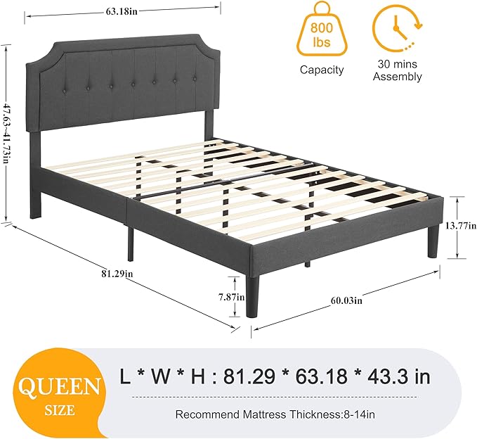 VECELO Queen Size Platform Bed Frame with Fabric Upholstered Headboard and Wooden Slats Support, No Box Spring Needed/Easy Assembly,Grey