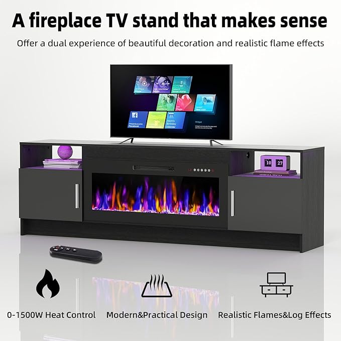 Ludatido 70 Inch TV Stand with 36 inch Electric Fireplace 27 LED Light Entertainment Center for TVs Up to 80" Black Modern Wood Media TV Console with Highlight Cabinet for Living Room Black