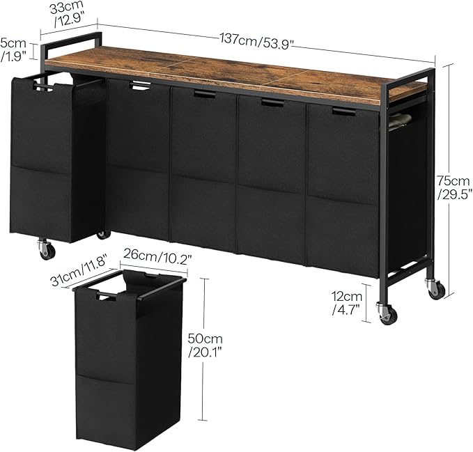 HOOBRO Laundry Sorter 5 Sections, Laundry Hamper with Wheels, 5 × 10.5 Gallon (40 L), Rolling Laundry Basket, Pull-Out and Removable Oxford Fabric Bags, Rustic Brown and Black BF07XY01