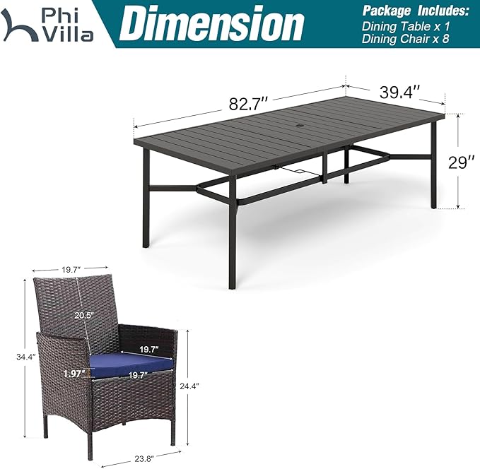 PHI VILLA 9 Pieces Outdoor Dining Set for 8, Large Rectangle Metal Dining Table with Umbrella Hole & Cushioned Wicker Chairs, Outdoor Furniture Set for Patio, Deck, Yard, Porch