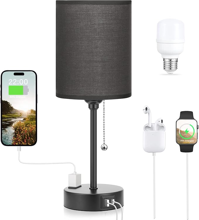 Dicoool Black Bedroom Lamp 3 Color Temperatures - Small Bedside Lamps with USB C and A Ports, Pull Chain Table Lamps with AC Outlet, Black Nightstand Light for Kids Sleeping