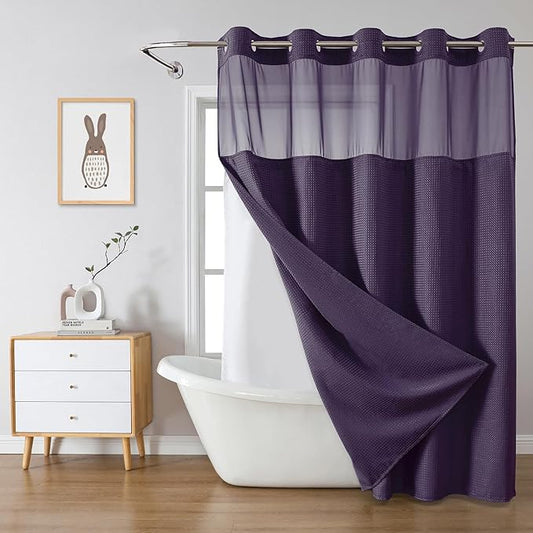 Purple No Hook Waffle Weave Shower Curtain with snap-in Liner Replacement, 230GSM Waterproof Fabric Hotel Shower Curtain Set for Bathroom, Through Mesh Top Window,71Wx77H