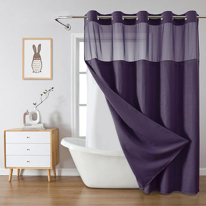 Purple Extra Long No Hook Waffle Weave Shower Curtain with snap-in Liner Replacement, 230GSM Waterproof Fabric Hotel Shower Curtain Set for Bathroom, Through Mesh Top Window,71Wx86H