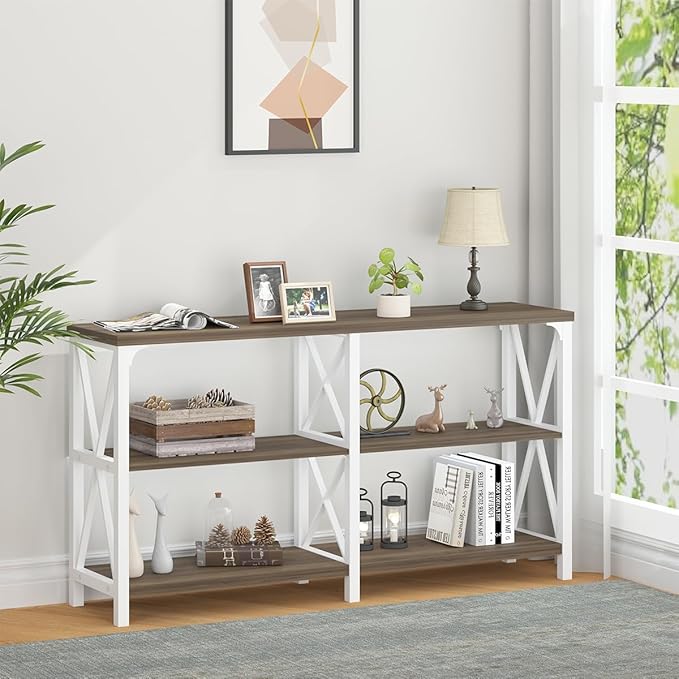 LVB Farmhouse Entryway Table, Industrial Wood Sofa Table with Storage Shelf, Modern Console Tables Behind Couch for Living Room, Wooden Hallway Foyer Table for Front Entry, White Rustic Oak, 55 Inch