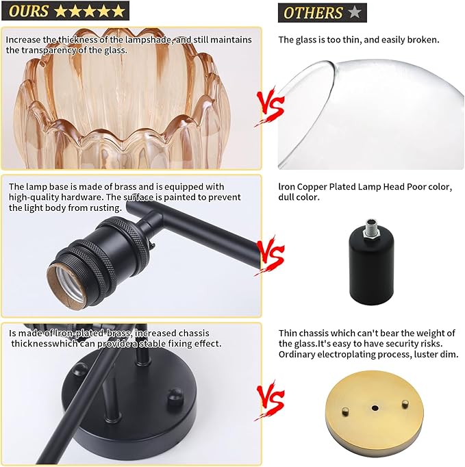 Bathroom Light Fixtures, 3-Light Black Vanity Wall Light Over Mirror with Amber Tulip Glass Shade for Bedroom Living Room