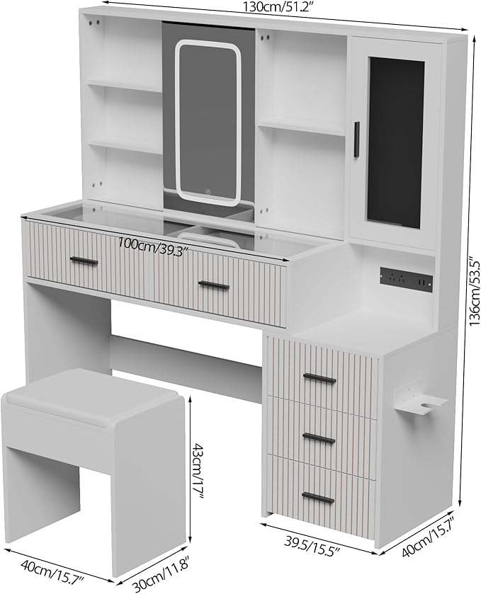 Large White Vanity Desk with Mirror and Lights，Vanity Table Makeup Vanity 5 Drawers with Power Strip Charging Station，Cushioned Stool for Bedroom, Dressing Room (White)