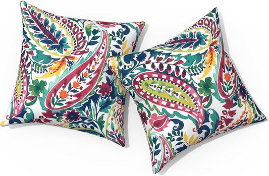 Outdoor Pillows for Patio Furniture 18x18 inch, Square Outdoor Throw Pillows with Inserts, Decorative Toss Pillows for Garden Couch Home Sofa Office Chair, Pack of 2, Vigour Paisley