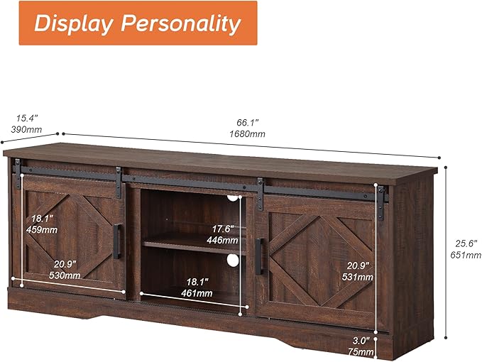 WAMPAT Modern Farmhouse TV Stand for TVs up to 75 inch with Sliding Barn Door,Wood Entertainment Center with Adjustable Media Storage Shelf for Living Room, Rustic Brown