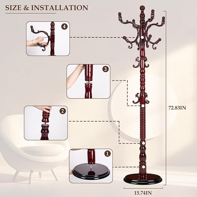 Wood Coat Rack Freestanding, Natural Coats Tree Stand with 14 Hooks, 73" Sturdy and Easy Assembly Coat Rack Stand for Entryway, Hallway, Bedroom, Bags, Hats (Heavy-duty Disc Base, Rosewood)