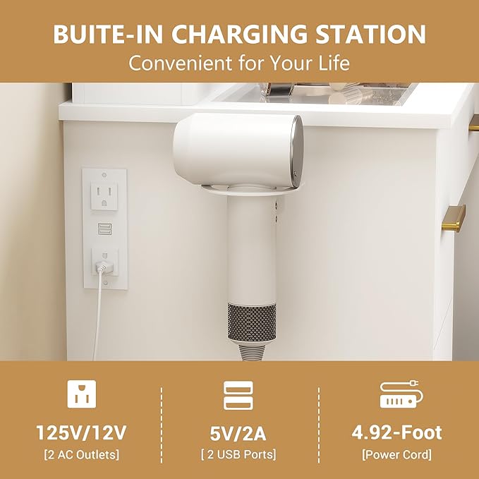 Makeup Vanity Desk with Mirror and Lights, Glass Top Vanity with 38" Lighted Mirror & Charging Station, Large Vanity Mirror with Lights Desk and Chair for Girls 3 Lightings Mode Adjusted, White