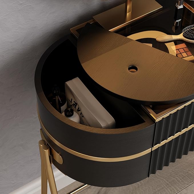 Makeup Vanity with Mirror and Lights - with LED Mirror,Very Easy to Assemble,Glass Top for Bedroom,Stainless Steel Foot