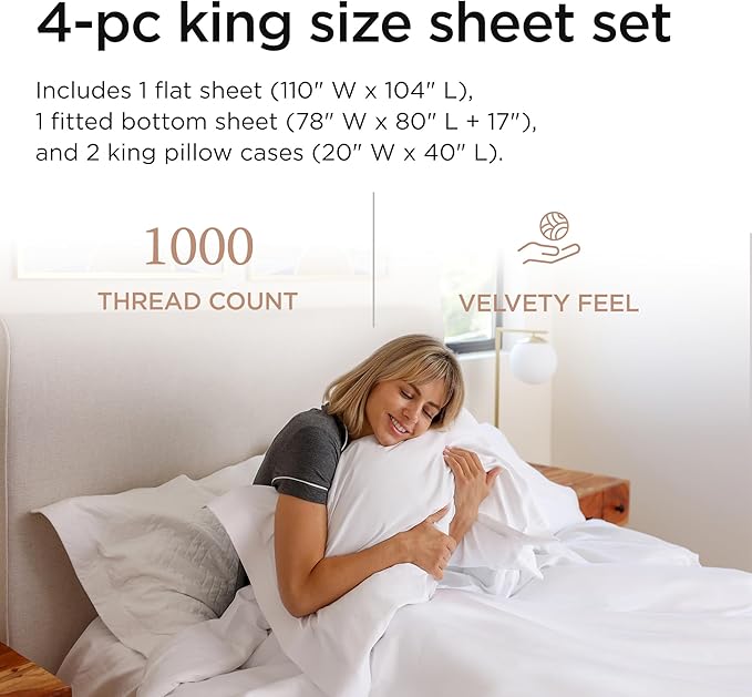 Threadmill 100% American Supima Cotton Sheets King Size - 1000 Thread Count, 4Pc King Size Sheets Set, Smooth Sateen King Sheets, Ultra Luxury Bed Sheets, 17" Deep Pocket King Sheet Set - White Sheets