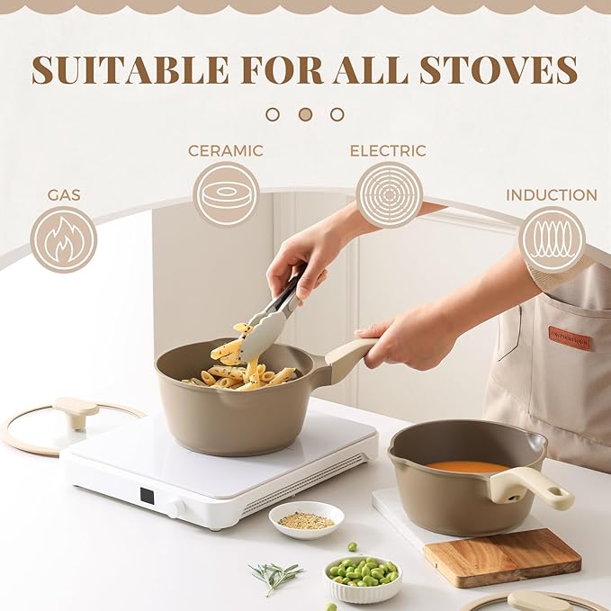 Nonstick Saucepan with Lid, 2 Quart Sauce Pan, Healthy Sauce Pot with Pour Spouts for Multipurpose Use, PTFE, PFOA Free, Induction Compatible, Apricot