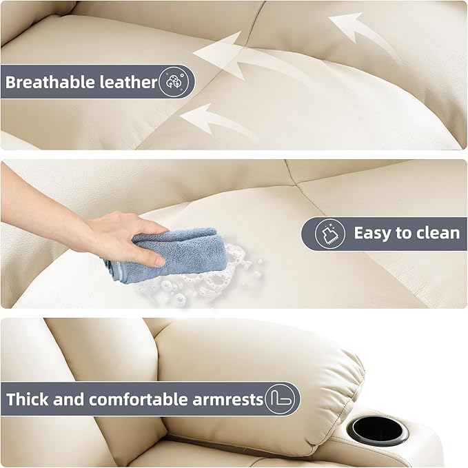 Power Lift Recliner Chair for Elderly, Electric Recliner Chairs for Adults with Massage and Heat, Cup Holders, Remote Control, USB Ports, Side Pockets, Leather (Beige)