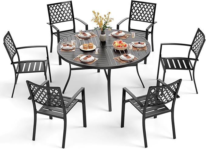 PHI VILLA 7 Pieces Outdoor Round Dining Set for 6, Wrought Iron Dining Table with Umbrella Hole & Stackable Metal Steel Chairs, Modern Dining Furniture Set for Patio, Deck, Backard, Porch