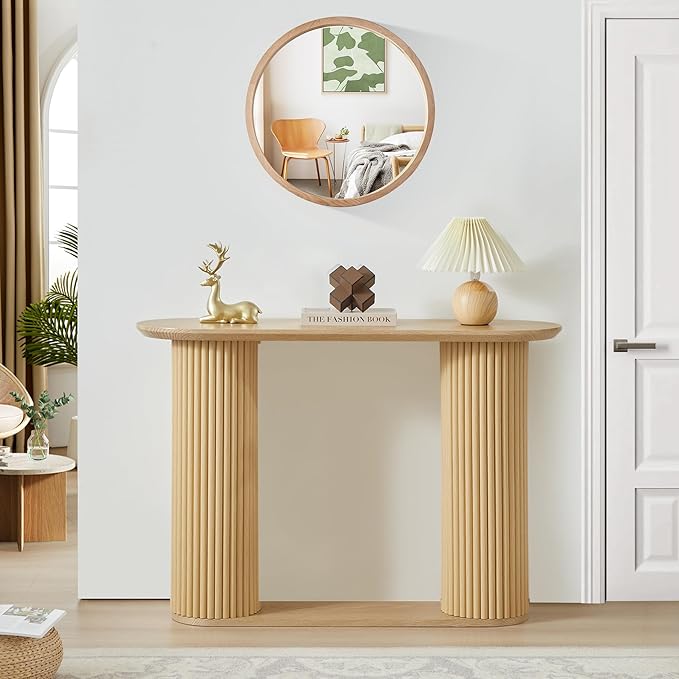 Fluted Console Table, Farmhouse Oval Curved Entryway Table with Storage and Fluted Wood Legs, Narrow Sofa Table Small Long Entry Table for Entrance, Hallway, Living Room (Natural)