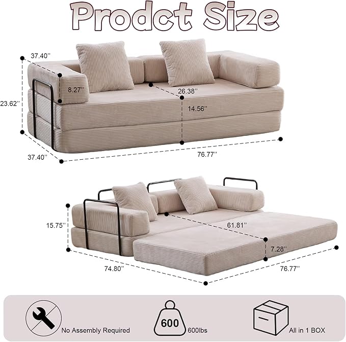 Convertible Sofa Bed, Compression Futon Sofa with Pillows & Armrest, Foldable Mattress Couch with Fixed-Shape Frame, Comfy Couch Lounge Sleeper Bed for Living Room Bedroom, Light Gray