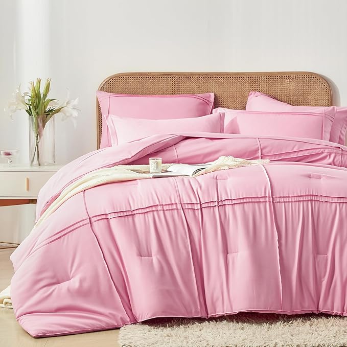 Yogeneg Queen Comforter Set 7 Piece Bed in a Bag,Grid Pinch Pleat Pink Bedding Set,Striped Textured Soft Microfiber Comforter with Sheet Set,All Season Complete Bed Set(Pink,Queen)