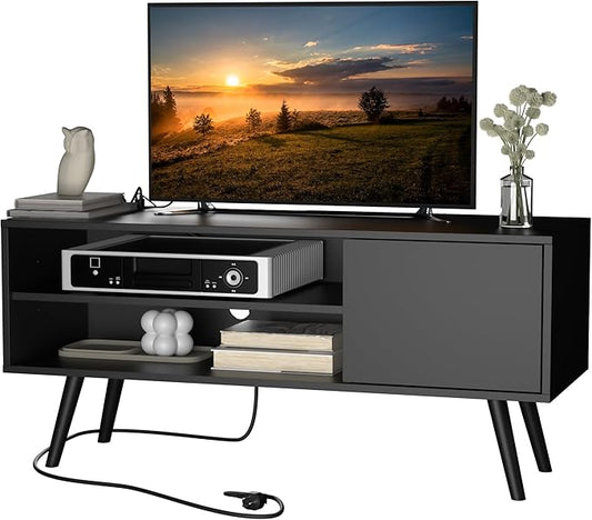 Cozy Castle TV Stand for 48 Inch TV, Mid Century Modern Entertainment Center with Storage Cabinet, TV Media Console for Living Room, Bedroom, Black
