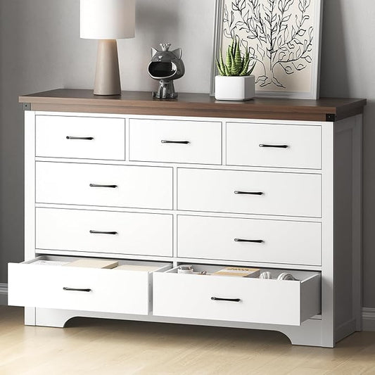 Farmhouse 9 Drawer Dresser for Bedroom, 52" Wide Chest of Drawers, Wooden Dresser TV Stand, Storage Dressers Organizer for Bedroom, Living Room, Hallway, White