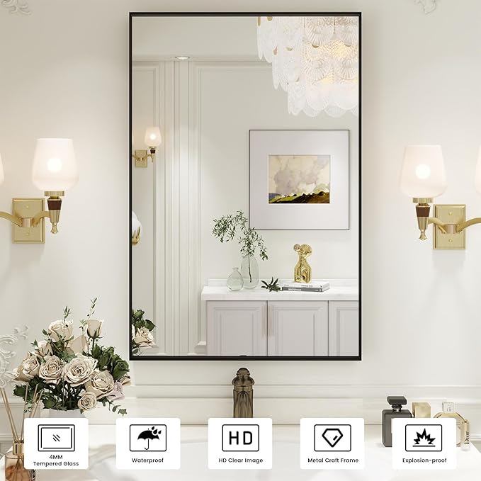 Black Bathroom Vanity Mirror 24x36 Inch, Rectangle Matte Black Mirror for Bathroom, Square Corner, Tempered Glass, Bedroom, Living Room, Entryway, Wall Mounted(Vertical/Horizontal)