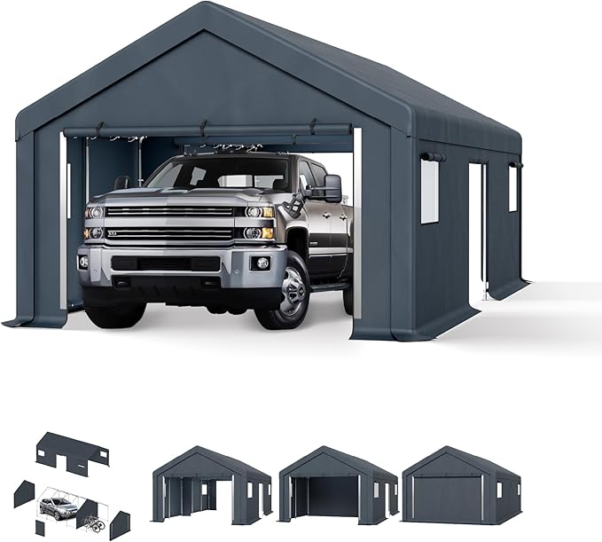 PHI VILLA 13'x24'x9.6' Outdoor Portable Storage Shelter Shed Garage with Roll up Zipper Doors & Vents Carport for Motorcycle Waterproof and UV Resistant Anti-Snow Portable Garage Kit Tent, Gray