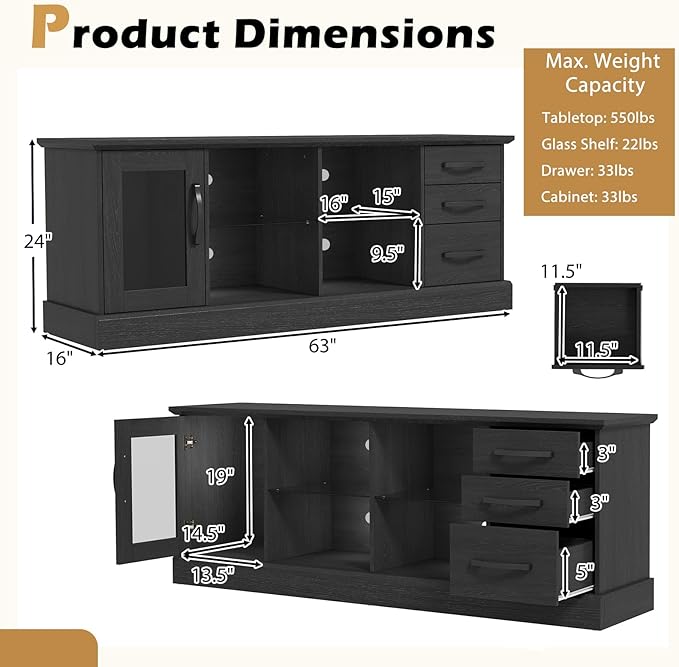 Giantex Farmhouse TV Stand for 73 Inch TV, Wood TV Console Table w/Removable Glass Shelves, Cable Management Holes & Drawers, Rustic Entertainment Center with Storage for Living Room, Bedroom, Black