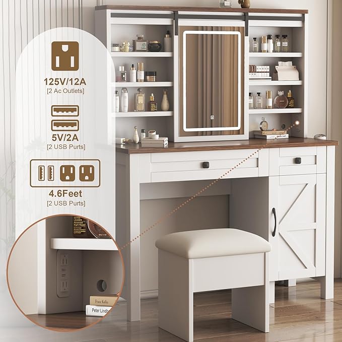 Vanity Desk and Chair Set with Sliding Mirror and Lights, 42" Glass Top White Vanity with Power Outlet, Makeup Vanity Table with 3 Color Modes Adjustable Brightness, Dressing Table for Bedroom