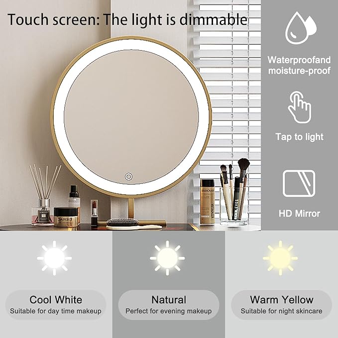 Makeup Vanity with Mirror and Lights - with LED Mirror,Glass Top for Bedroom,Stainless Steel Foot，White Wax Wood Stool