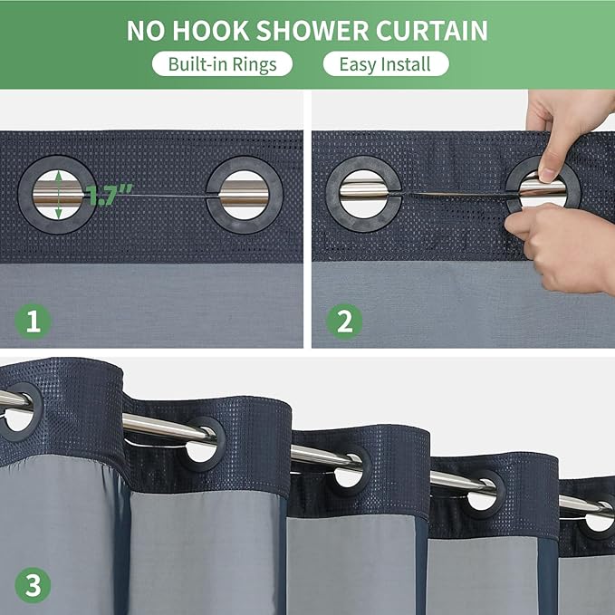 Extra Long No Hook Shower Curtain with Snap-in Fabric Liner Set,Navy Waffle Weave Shower Curtains for Bathroom,Hotel Luxury Decor Bathroom Curtain Set,Waterproof & Washable,71Wx86H