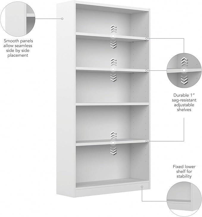 Bush Furniture Universal Tall 5 Shelf Bookcase in White, Vertical Storage and Display Bookshelf for Home Office or Living Room Organization