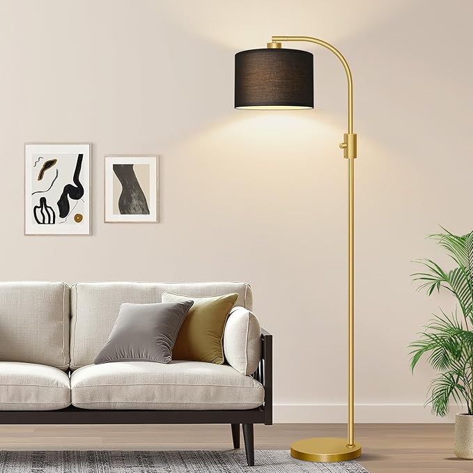 【Upgraded】 Dimmable Gold Floor Lamp, 1200 Lumens LED Bulb Included, Arc Floor Lamps for Living Room Modern Standing Lamp with Black Shade, Tall Lamp for Living Room Bedroom Office Reading Room Nursery