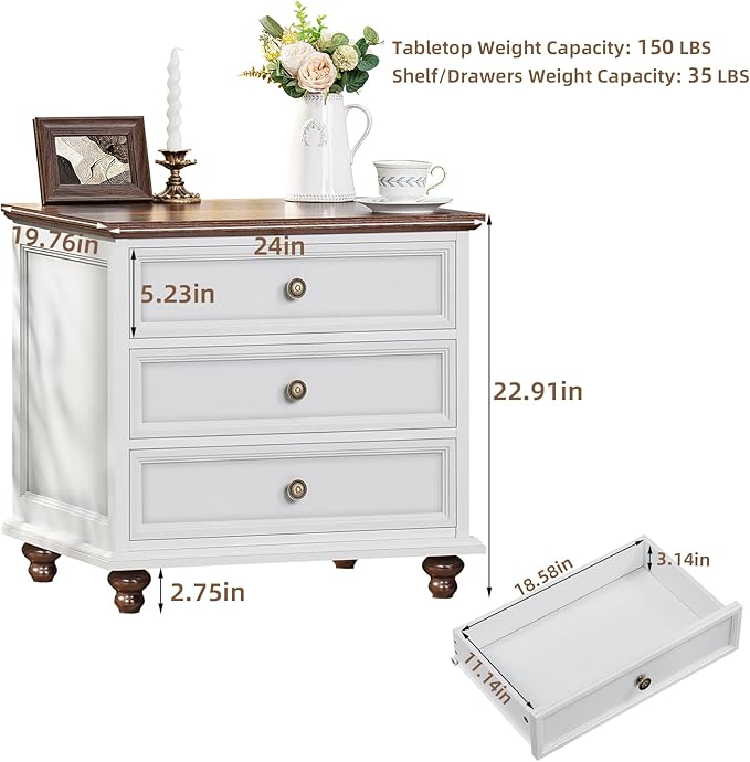 24" Wide Farmhouse Night Stand Set of 2,Large End Table with 3 Drawers & Metal Handle,White Wood Dresser for Bedroom, Bed Side Table Chest of Drawers Cabinet, Nightstand for Living Room,Closet