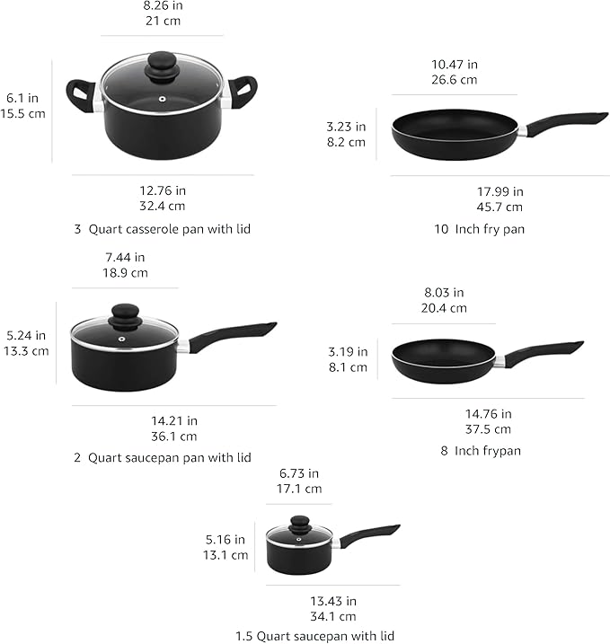 Amazon Basics Non Stick Kitchen Cookware 8-Piece Set, Non-Induction, Includes Pots and Pans, Black