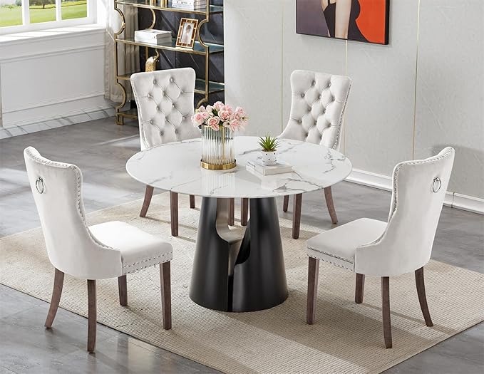 5-Piece Faux Marble Round Dining Table Set for 4, Modern Luxury Kitchen Table Set for 4 with Beige Tufted Chairs,Circle Dining Tables with White Marble Grain Top and Black Pedestal Base