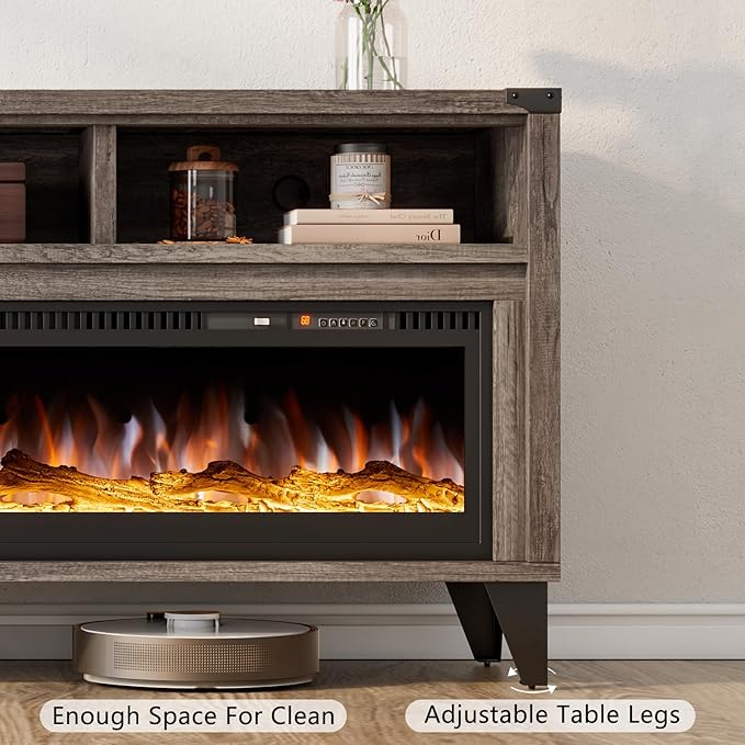 65“ Fireplace TV Stand, Farmhouse Entertainment Center with 60" Tempered Glass Electric Fireplace, Industrial Media Console with Open Storage Space for TVs up to 75", Light Gray