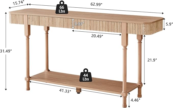 63” Console Table with 2 Drawers, Retro Entryway Table with Fluted Panel & Storage Shelf, Narrow Long Behind Couch Tables Accent Sofa Table with Solid Wood Legs for Living Room Foyer Hallway(Natural)