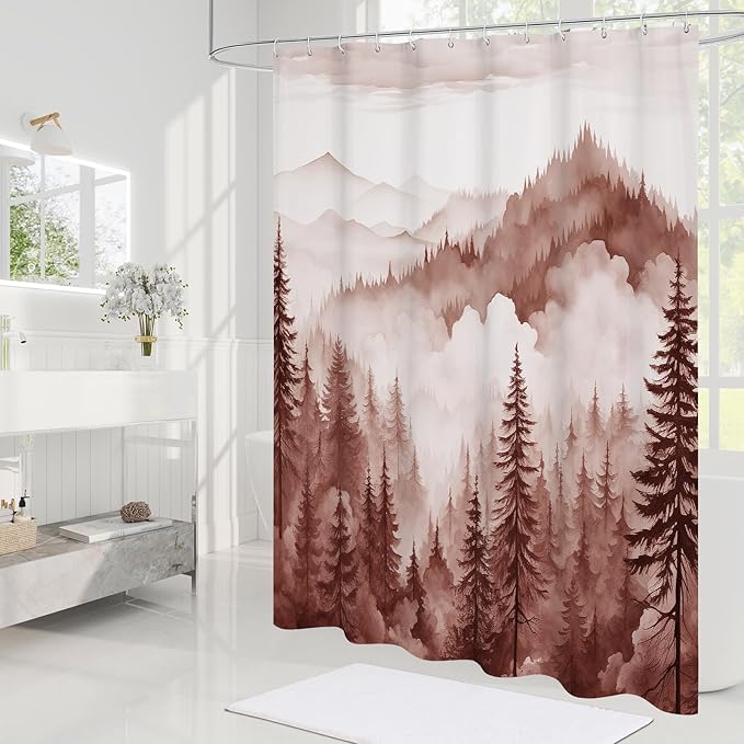 Burgundy Misty Pine Forest Shower Curtain, Mountain Foggy Woodland Scenery Tree Shower Curtains for Chic Rustic Bathroom, Abstract Modern Waterproof Nature-Themed Decor, 72x72 Inches
