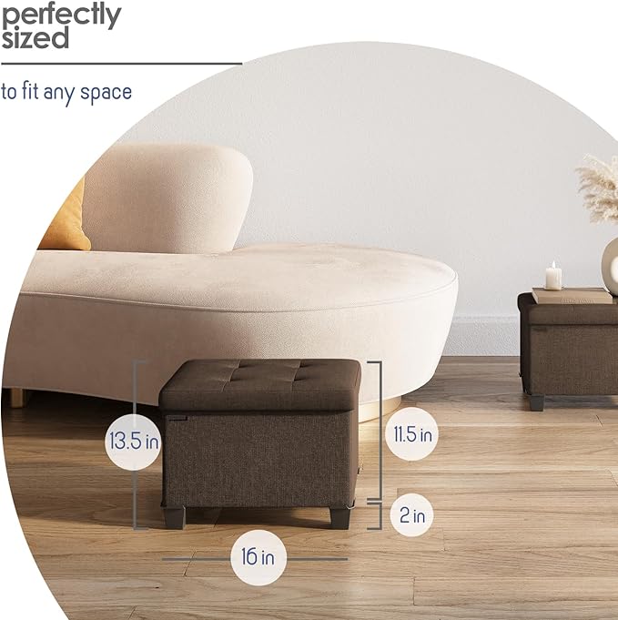 STORAGEBUD Storage Ottoman Cube with Small Bin, 16-in Square Ottoman with Storage for Living Room and Bedroom, Small Ottomans Foot Rest, Fabric Foot Stools Ottomans Max 330lbs, Brown