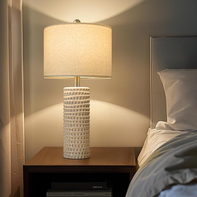 PORTRES 24" Farmhouse Ceramic Table Lamp Set of 2 for Bedroom Living Room White Desk Decor Bedside Lamps for Study Room Office Dorm Modern Accent Nightstand Lamp End Table Lamps