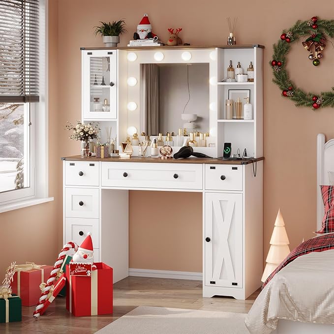 DICTAC Farmhouse Makeup Vanity Desk with Mirror and Lights, Large Vanity Table with Charging Station, 43'' Bedroom Dressing Table with 6 Drawers & 2 Cabinets, 3 Color Lighting Modes, White