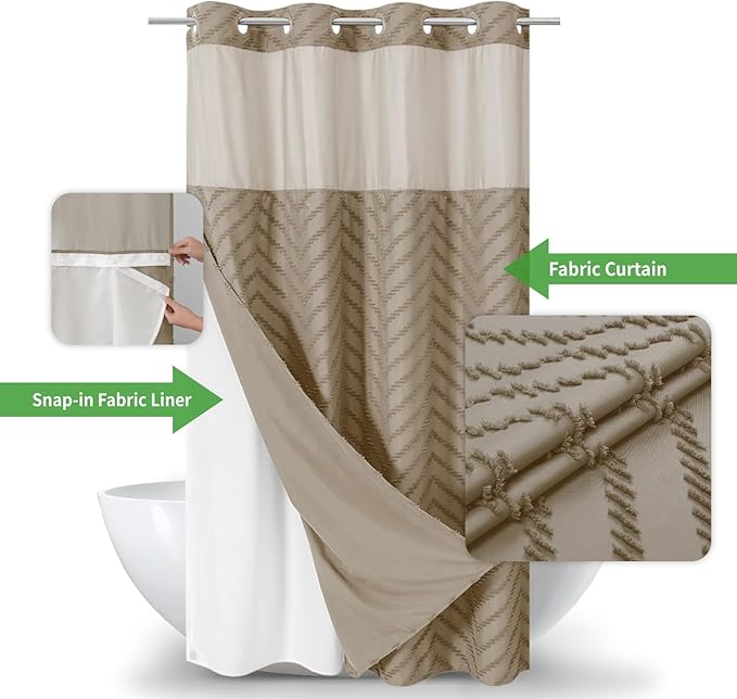 No Hook Boho Farmhouse Shower Curtain with Snap-in Fabric Liner set-54Wx80H(78H),Beige Tufted Chevron Striped Hotel Grade Cloth Shower Curtains for Bathroom with Window,Water Repellent