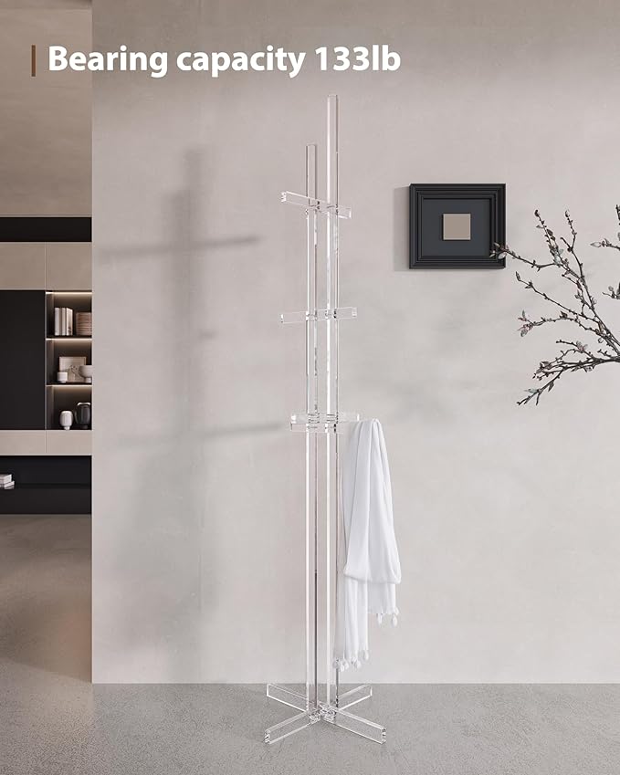 Modern Coat Rack, Freestanding Acrylic Coat Racks with 10 Hooks for Hats, Clothes,Coats, Scarves, Handbags in Bedroom, Hallway, Entrance, Office and Living Room, Easily Assemble, 72.83"H, Clear