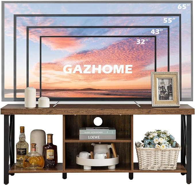GAZHOME TV Stand for TV up to 55 Inches, TV Cabinet with Open Storage, TV Console Unit with Shelving for Living Room, Entertainment Room, Rustic Brown