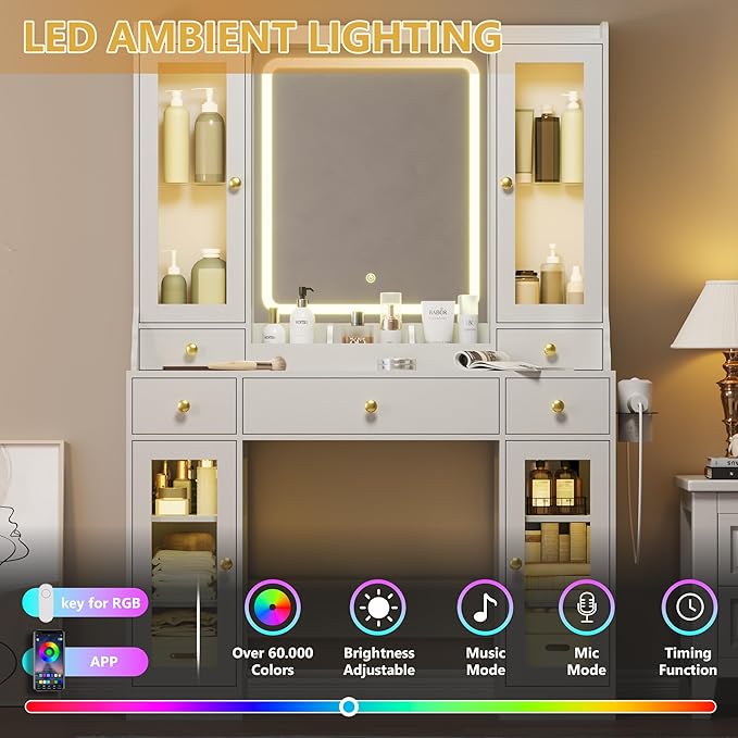 Vanity Desk with Mirror and Lights, White Makeup Vanity Table with 3 Modes & Adjustable Brightness, Glass Cabinets, Drawers, Outlet, Modern Dressing Table for Bedroom, Girls, Women, Teens