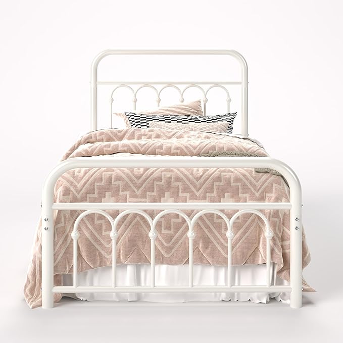 Allewie 14 Inches Twin Size Metal Platform Bed Frame with Victorian Style Curved Iron-Art Headboard/Footboard, Metal Slats Support, Easy Assembly, Under Bed Storage, No Box Spring Required, White