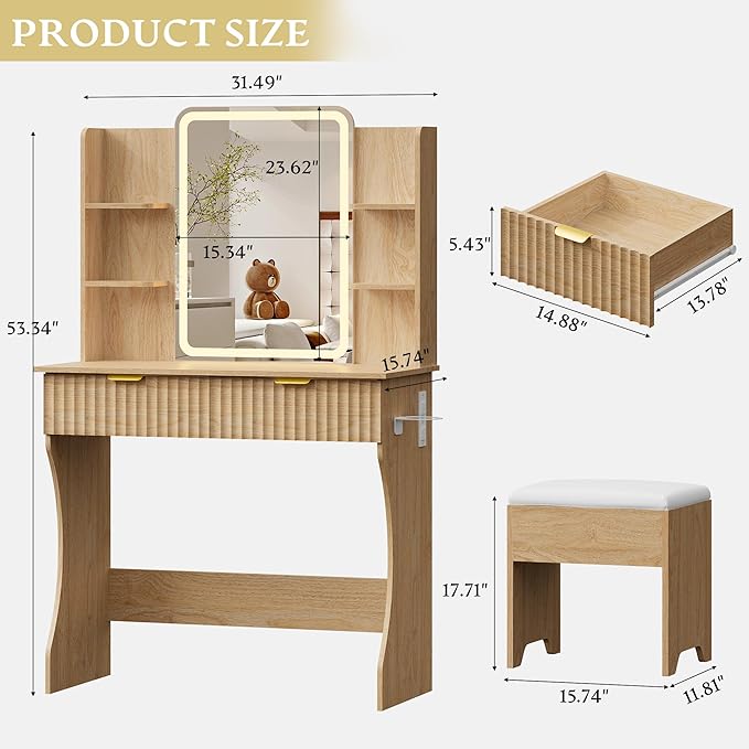 Vanity Desk with LED Lights Mirror & Power Outlet, Small Makeup Vanity Table Set with Storage Drawers & Chair, 3 Lighting Modes & Adjustable Brightness, Dressing Table for Women Girls Bedroom, Oak