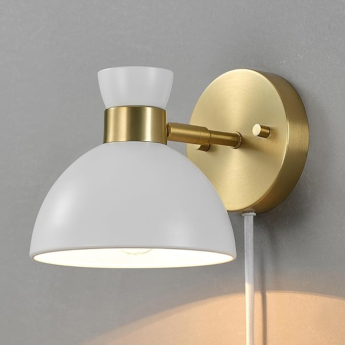 GLOBE Electric 65000099 1-Light Plug-in or Hardwire Wall Sconce, Matte Brass, Matte White Pivoting Metal Shade, 6ft Clear Cord, in-Line Rocker Switch, Wall Lights for Living Room, Bedroom, Den