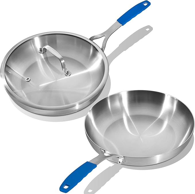 Inqibee 8.5-12 Inch Tri-Ply Stainless Steel Frying Pan set with a Lid,Skillets,Induction Cooking Pans Set,Dishwasher and Oven Safe,Detachable Handle