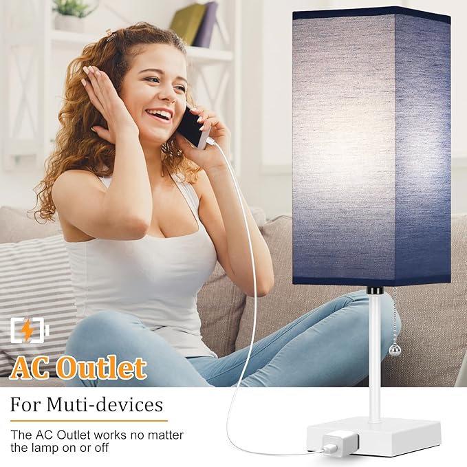 Table Lamp for Bedroom set of 2,3-Color Bedside Lamps with Pull Chain Table Lamps for Nightstand with AC Outlets,18'' Night Light Lamps with 2 Bulbs Lamps for Living Room Kids Office Decor（White-blue）